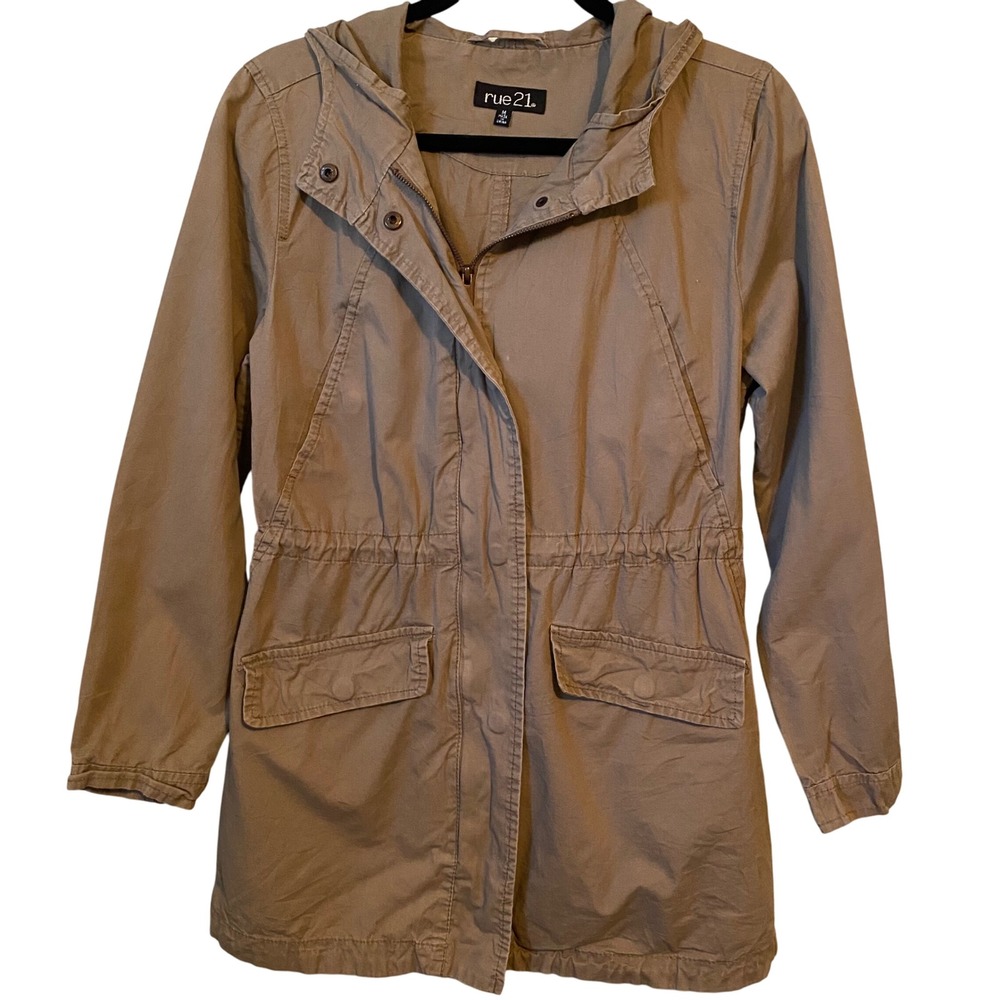 Rue 21 Women's Khaki Utility Jacket Hooded Drawstring Waist‎ Pockets Size M